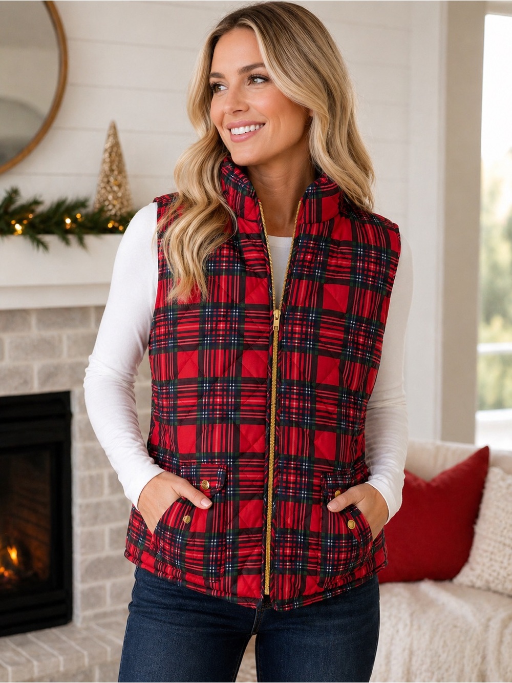 St. John’s Bay Red Plaid Quilted Puffer Vest Size Large Holiday Preppy Zip Up